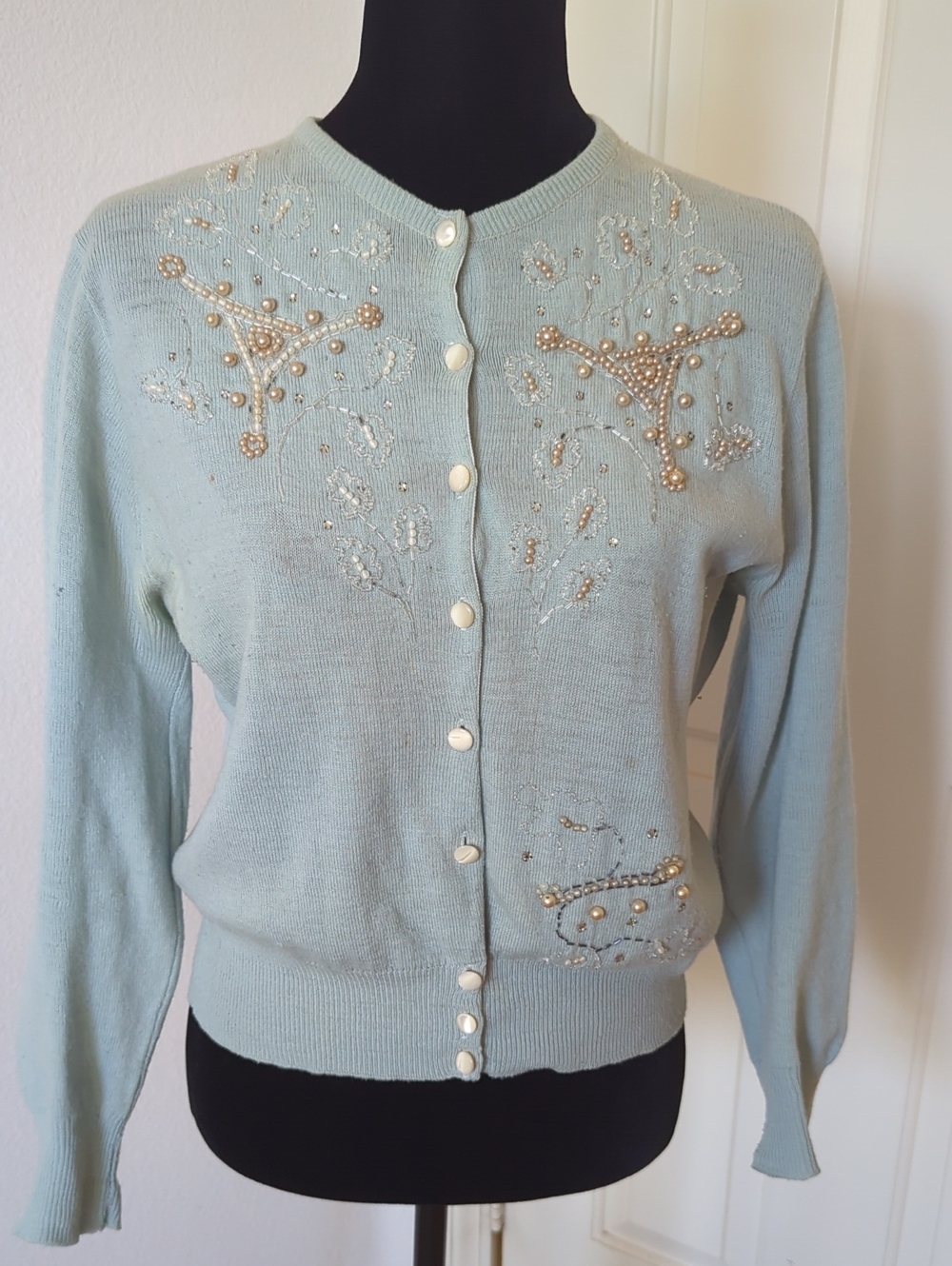 Vintage 1950'sBeaded Pale Blue Cardigan Sweater
